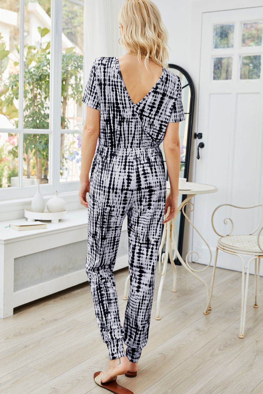 Printed Drawstring Waist Jumpsuit with Pockets