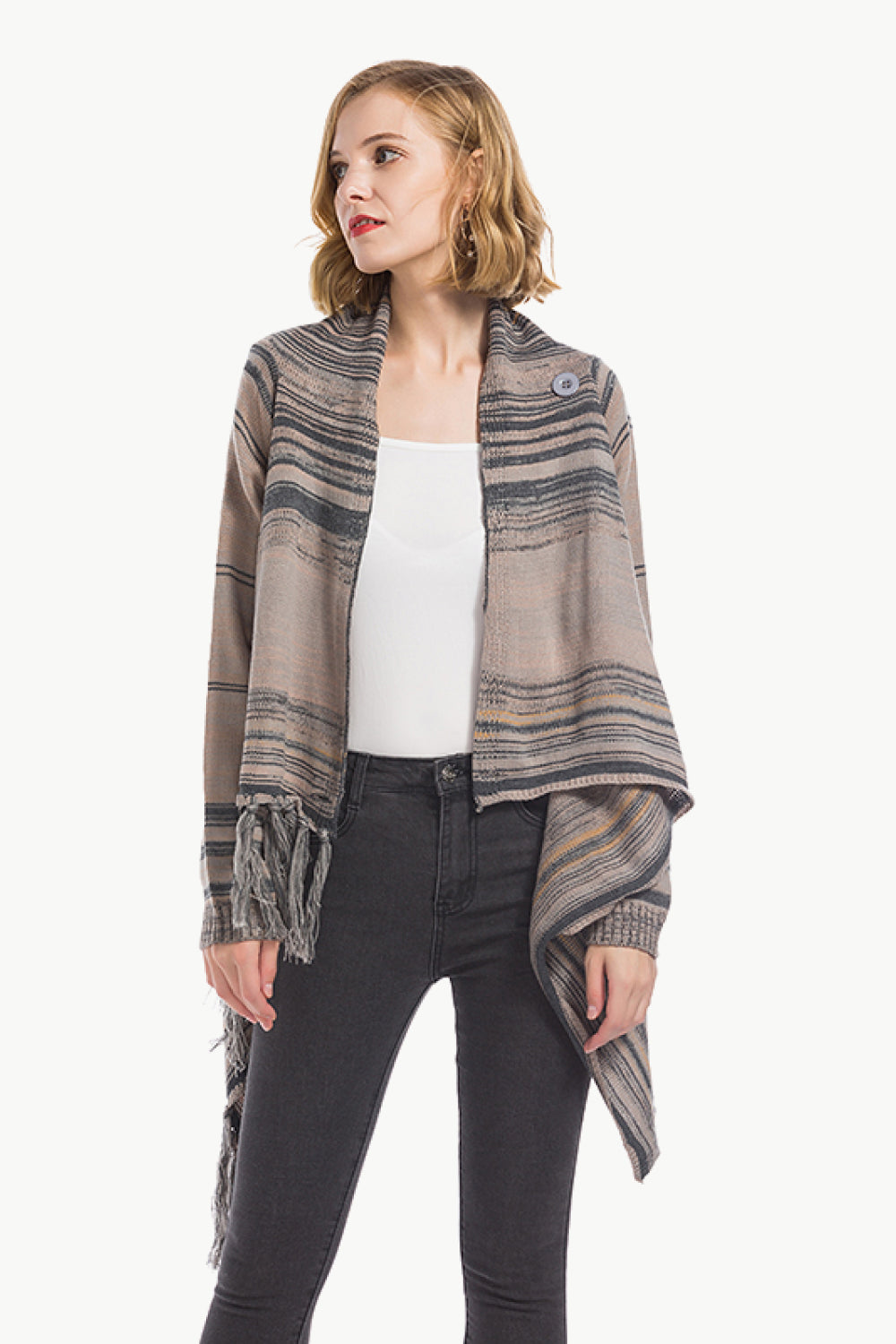 Striped Asymmetrical Tassel Detail Cardigan