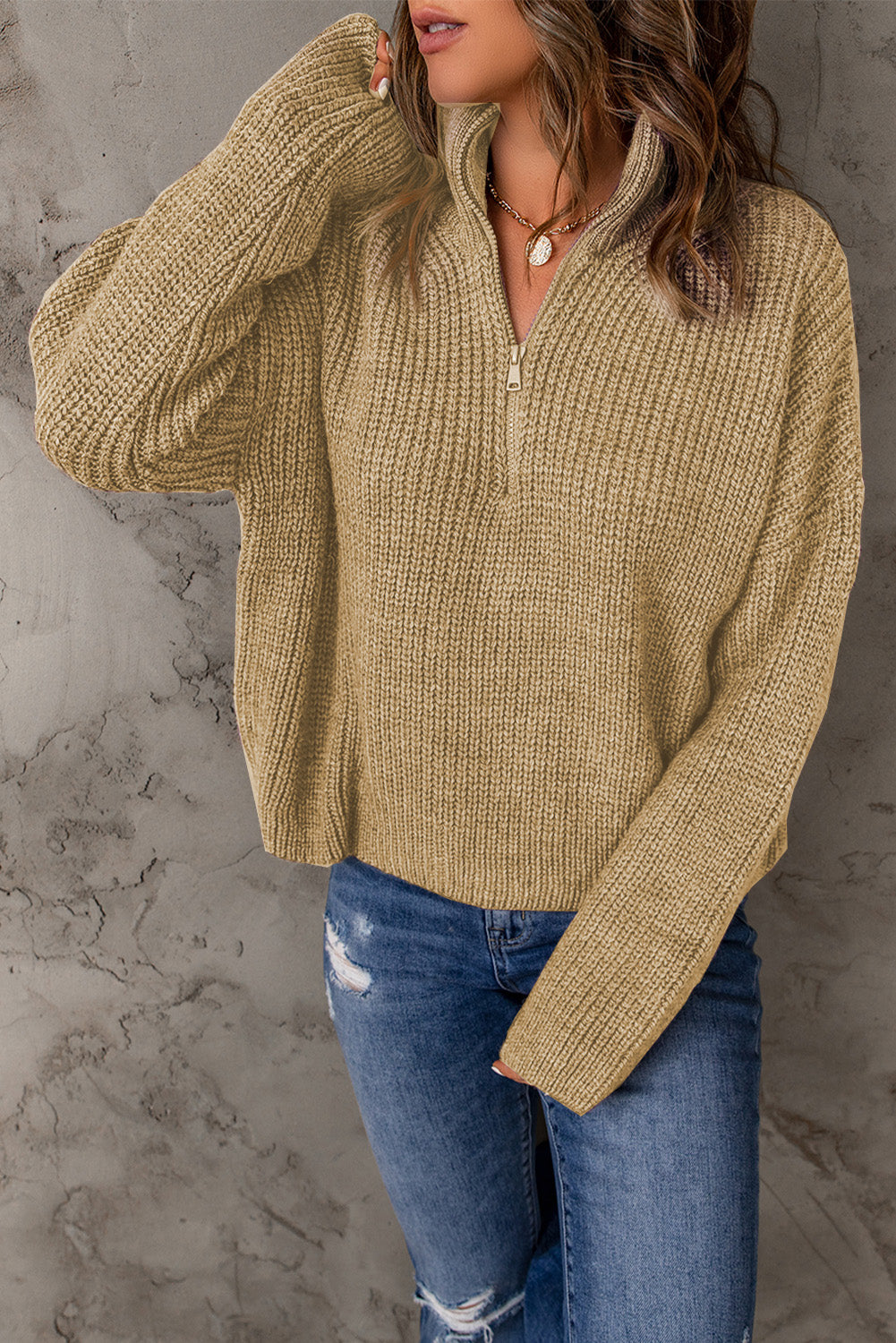 Half Zip Rib-Knit Dropped Shoulder Sweater