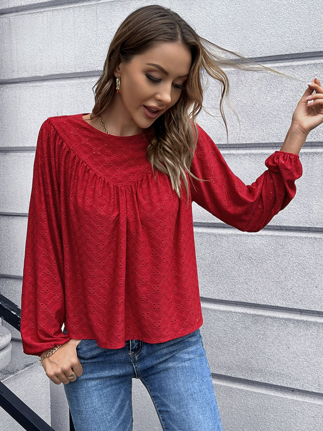 Openwork Gathered Detail Balloon Sleeve Blouse