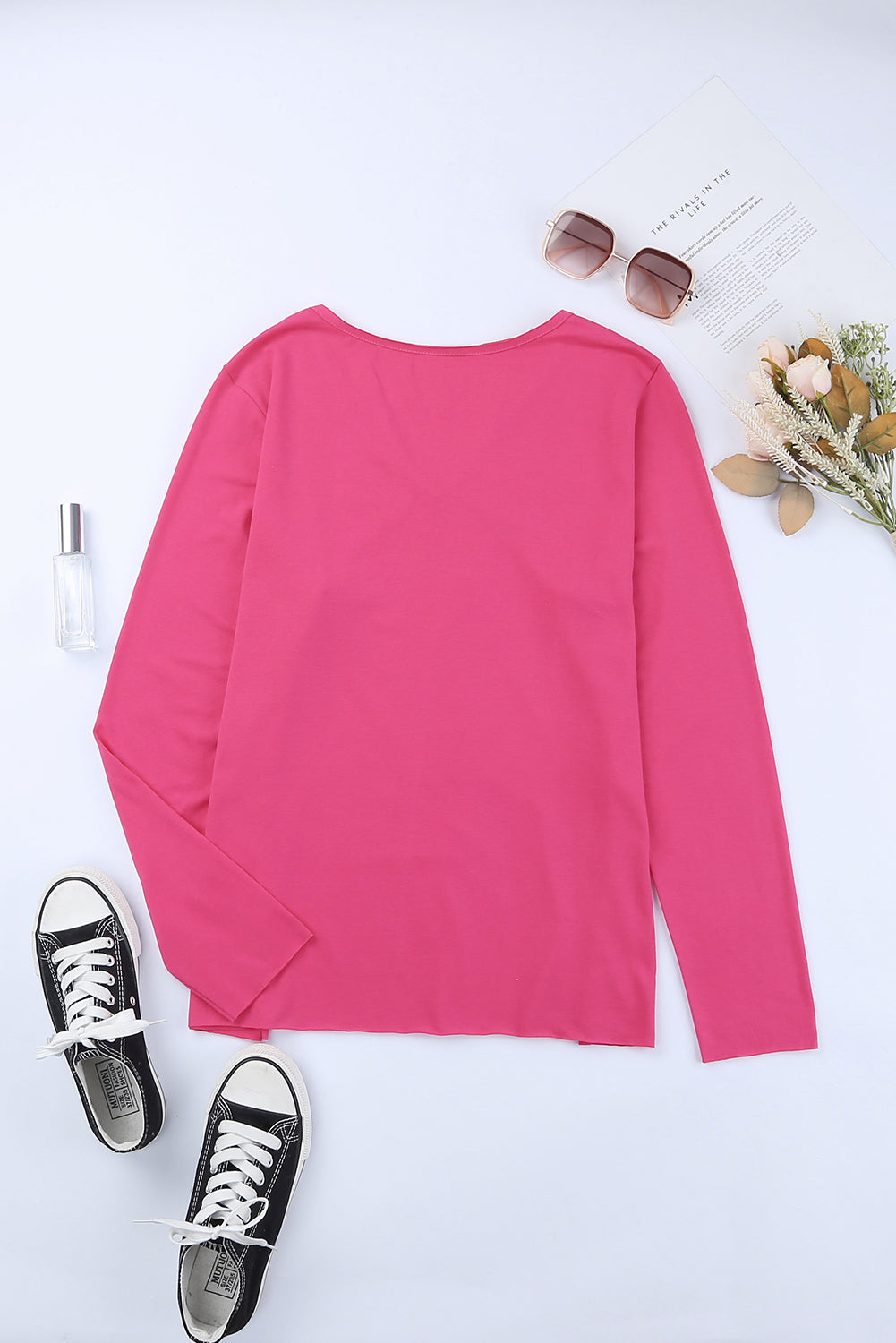 Decorative Button Notched Long Sleeve Top