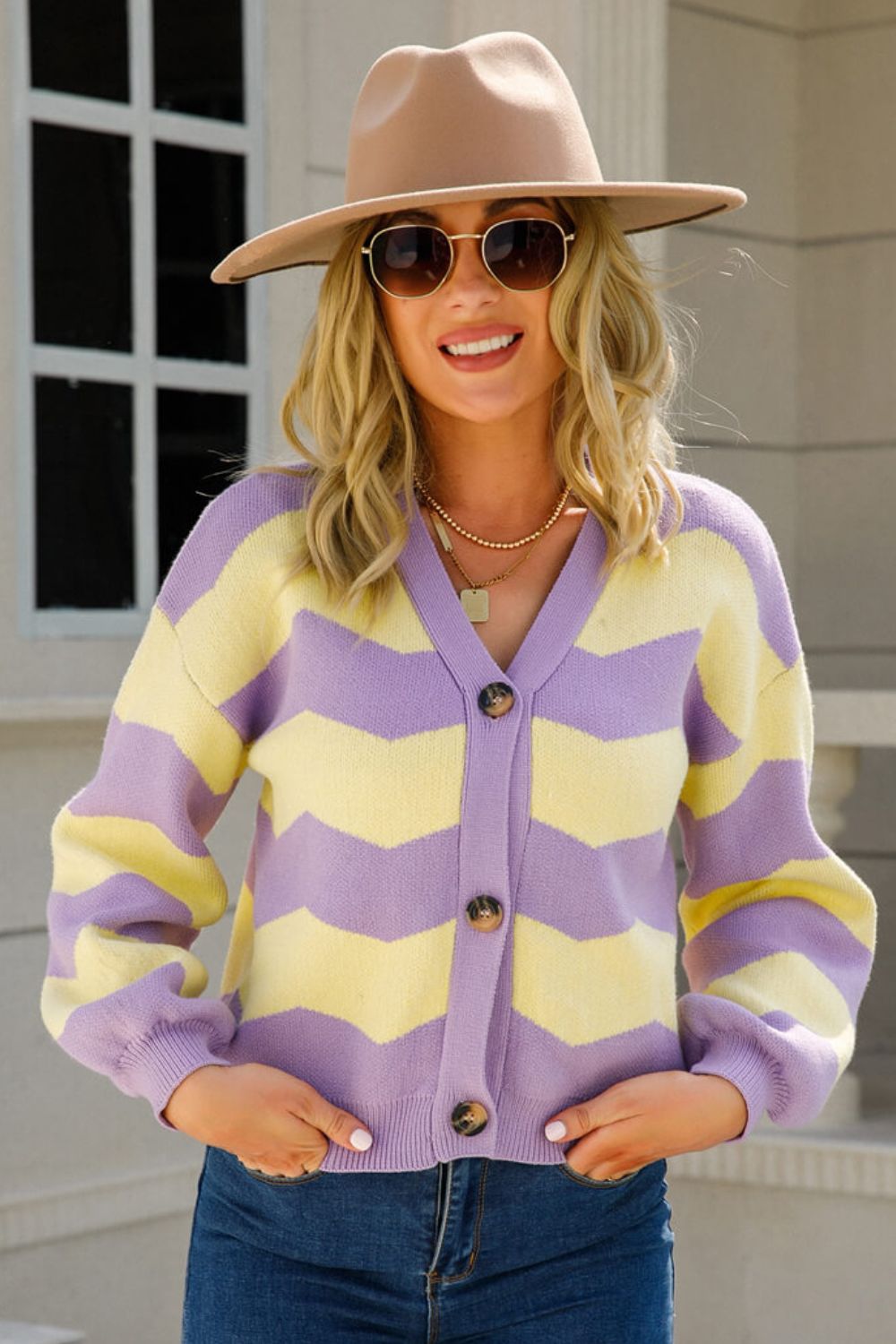 Two-Tone Chevron Dropped Shoulder Cardigan