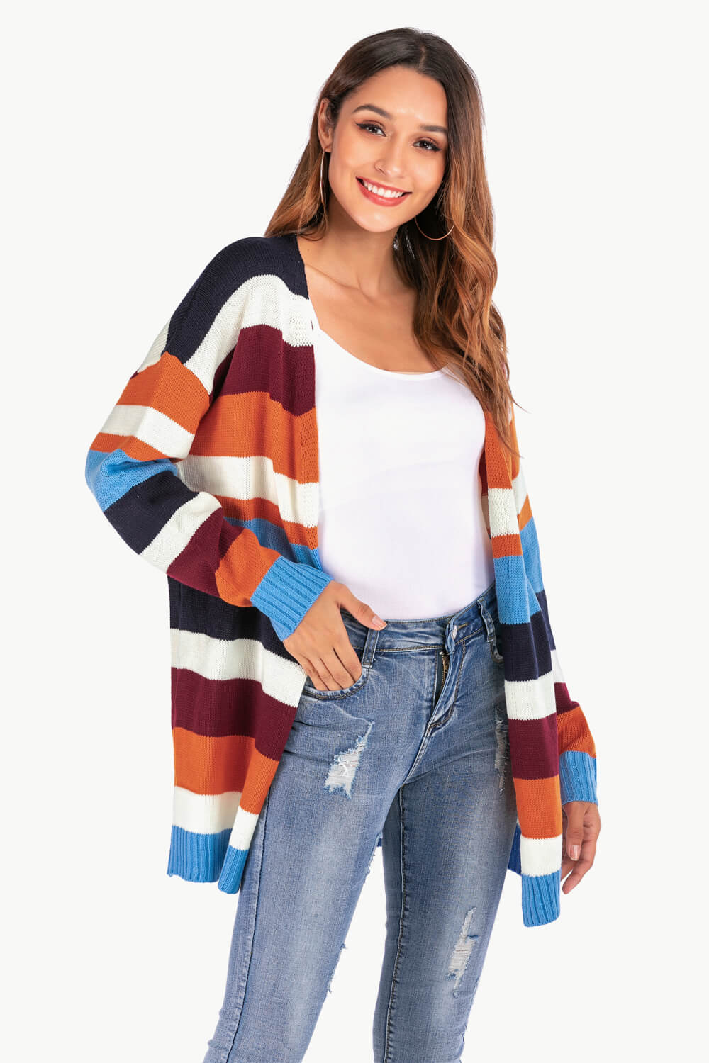 Multicolored Stripe Open Front Dropped Shoulder Cardigan