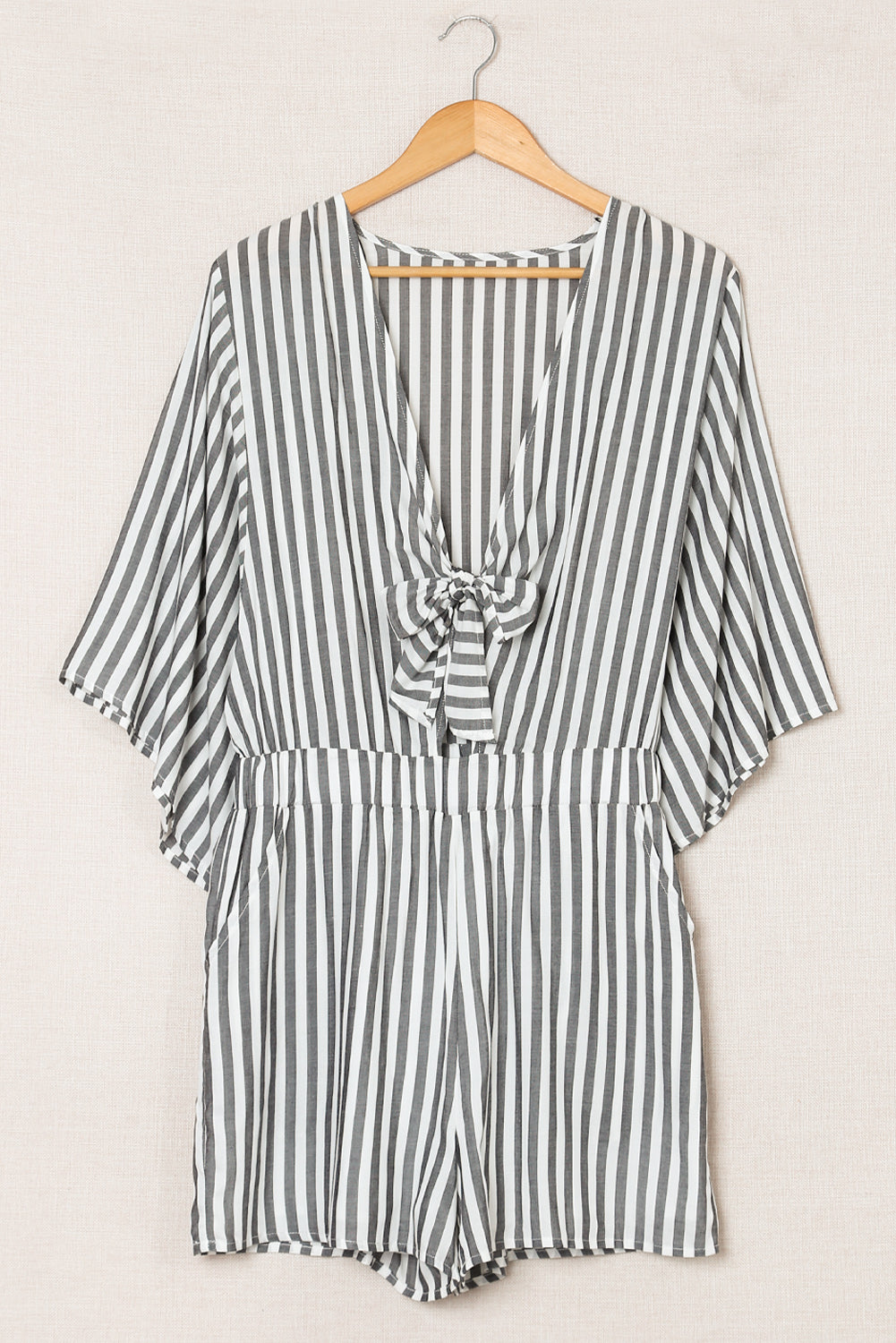 Striped Tie-Front Plunge Romper with Pockets