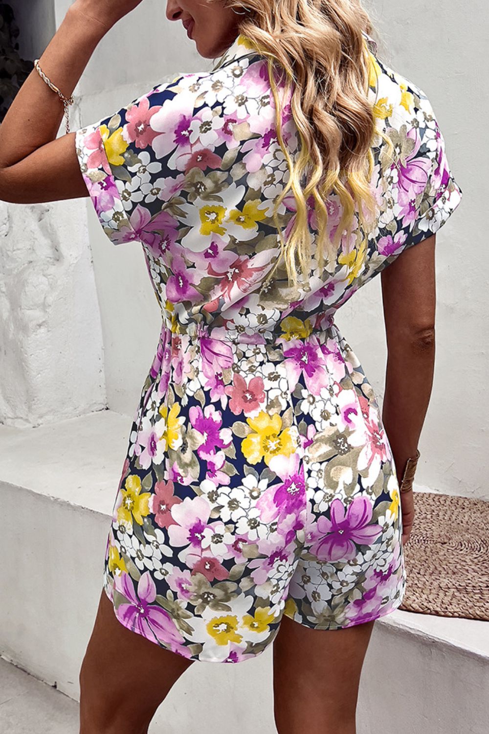 Floral Drawstring Lapel Collar Romper with Pockets