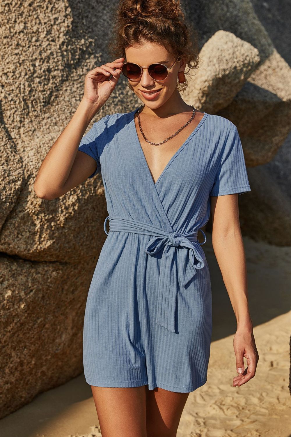 Ribbed Short Sleeve Belted Romper