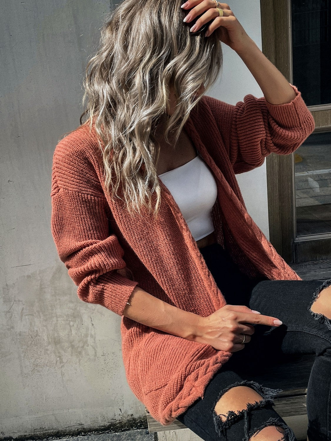 Cable-Knit Open Front Cardigan with Pockets