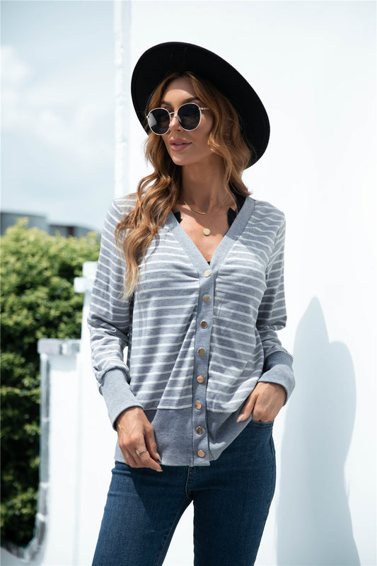 Striped Button Up V-neck Cardigan