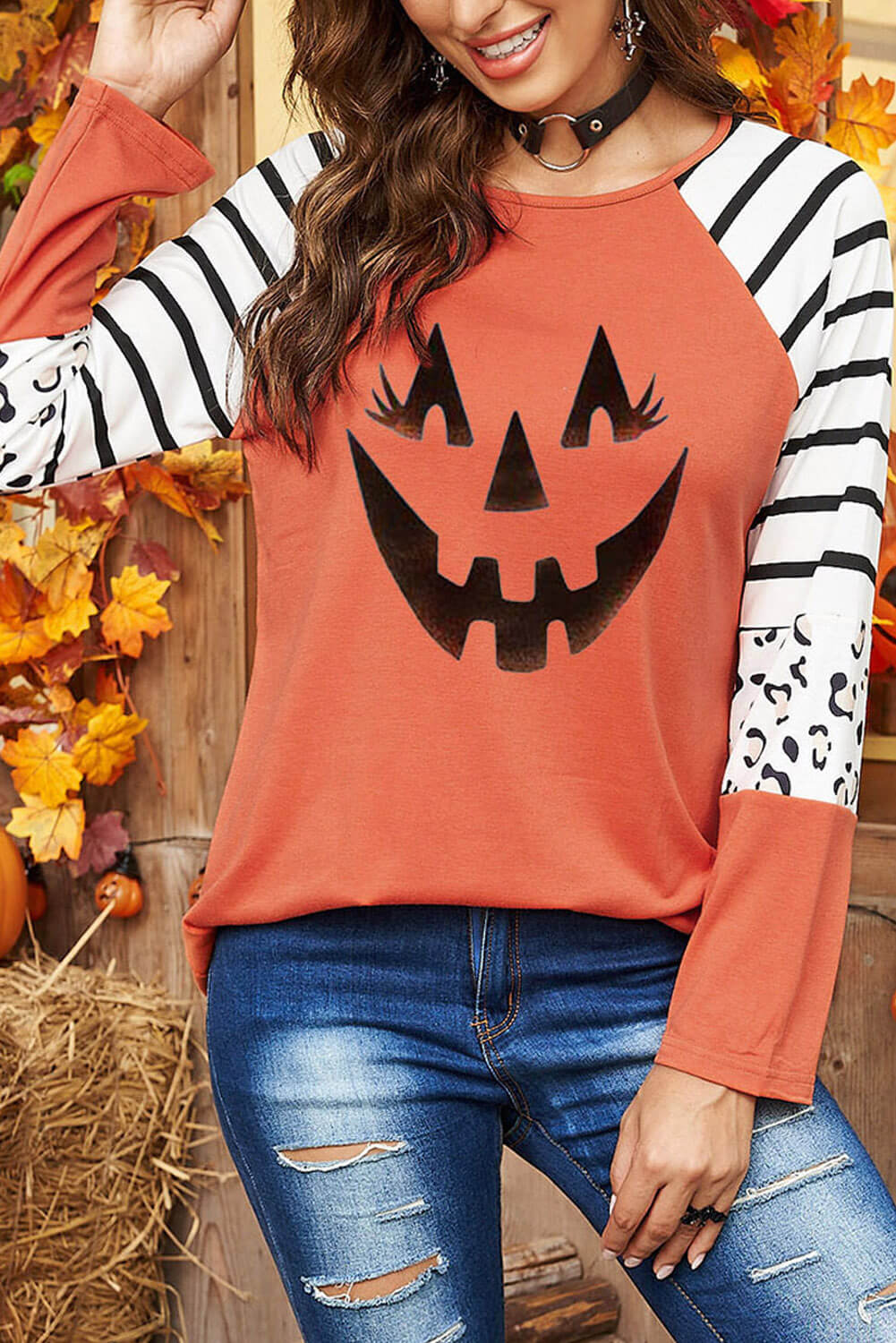 Halloween Graphic Mixed Print Raglan Sleeve Top