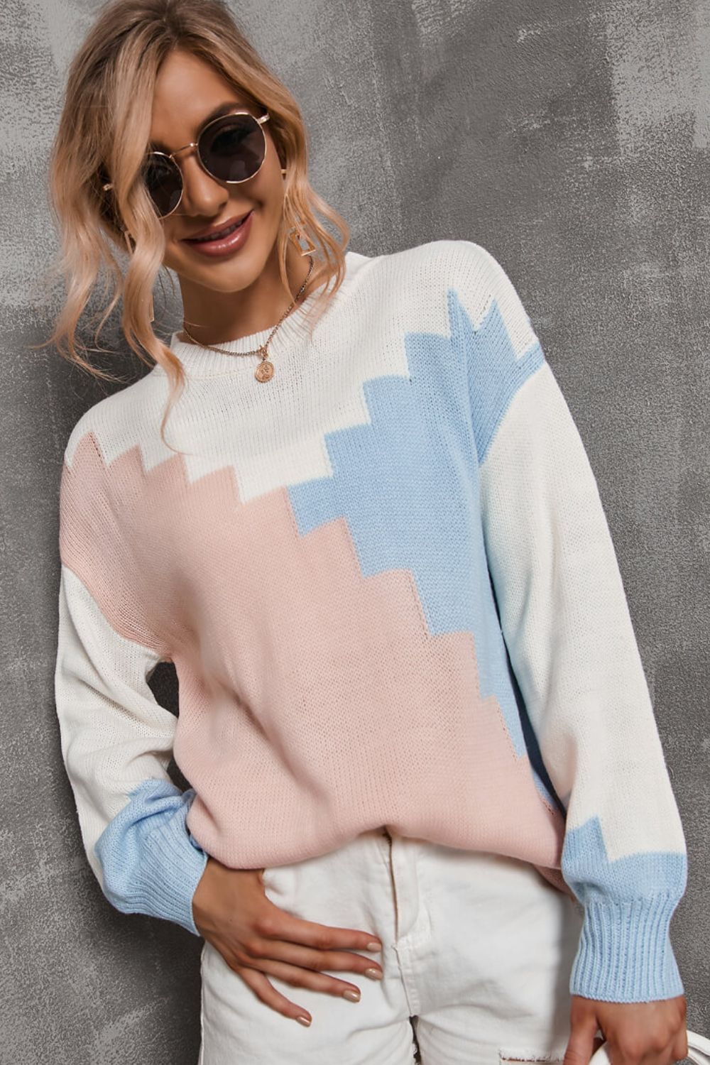 Color Block Dropped Shoulder Knit Pullover