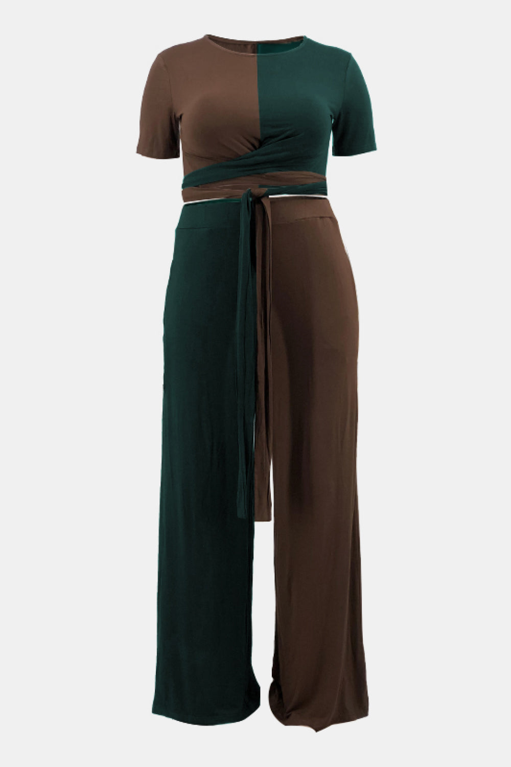 Plus Size Two-Tone Tie Front Top and Pants Set with Pockets