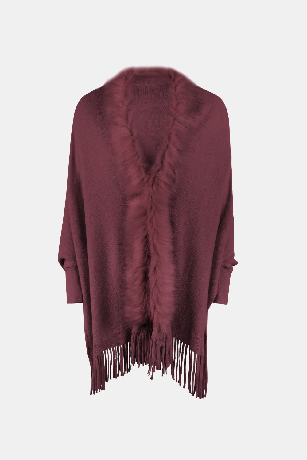 Faux Fur Trim Fringe Hem Poncho