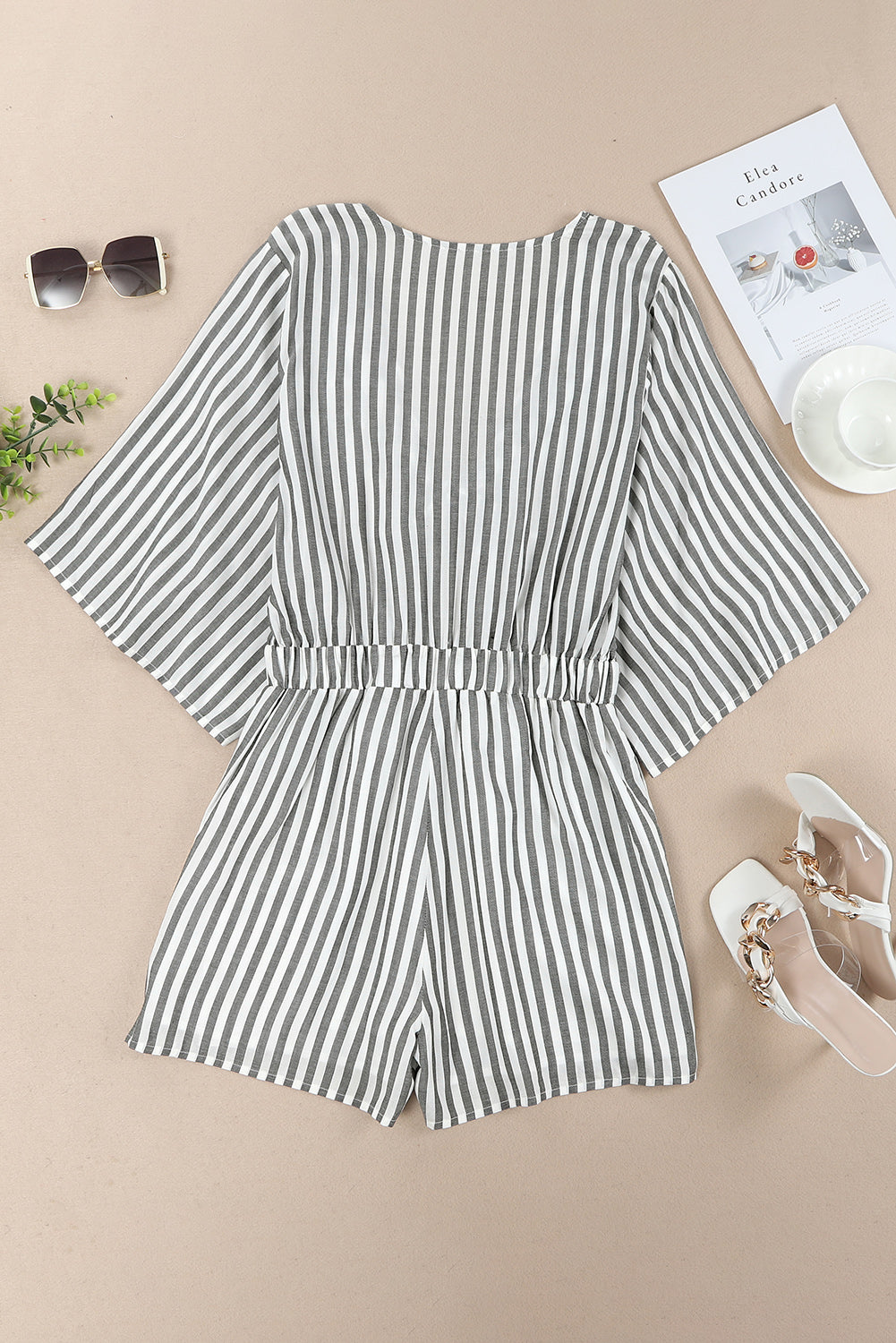 Striped Tie-Front Plunge Romper with Pockets