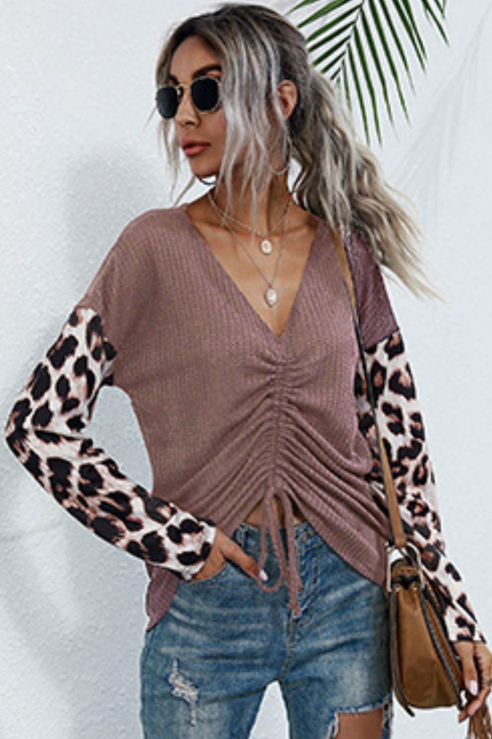 Leopard Drawstring Ruched Deep V Top