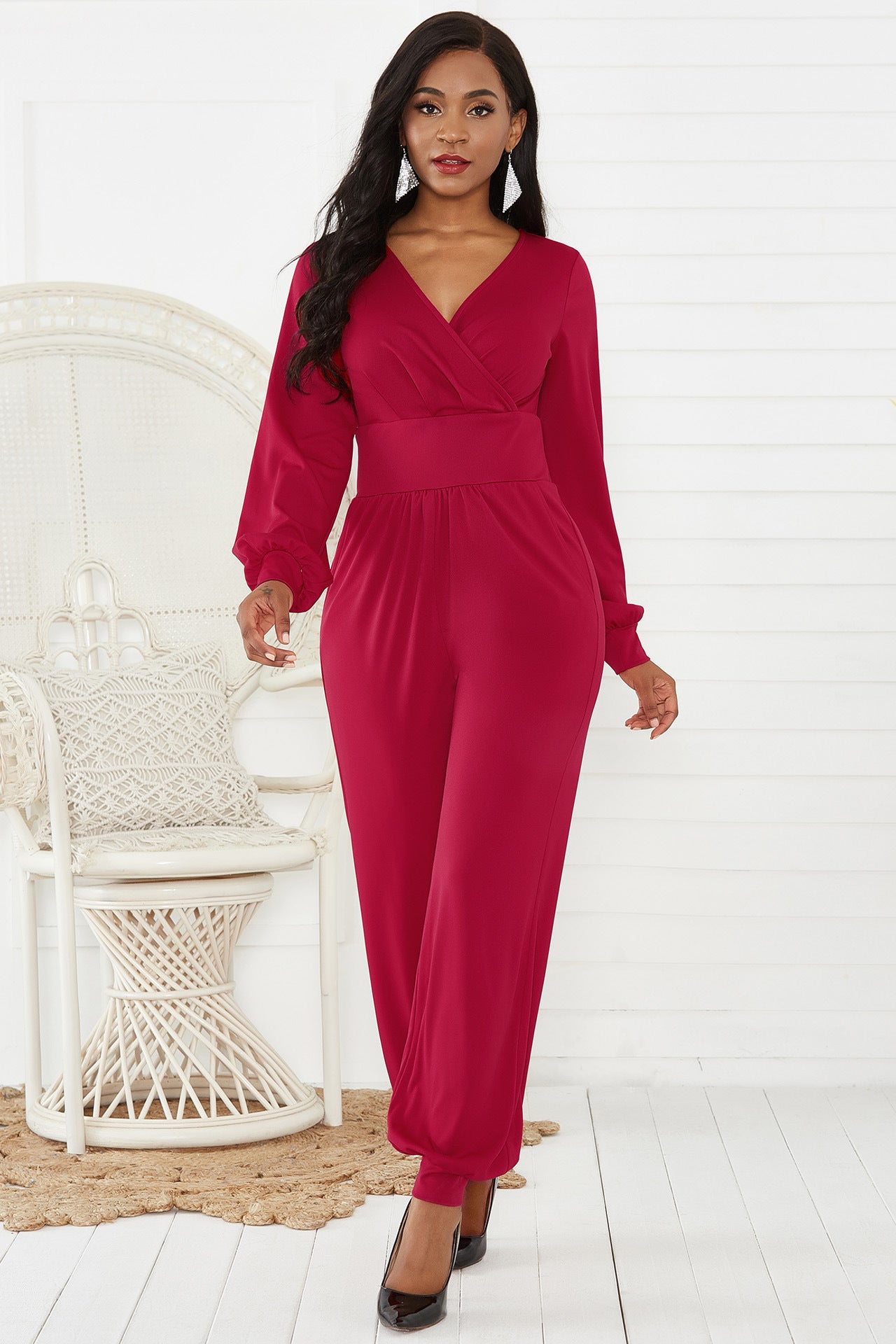 Gathered Detail Surplice Lantern Sleeve Jumpsuit