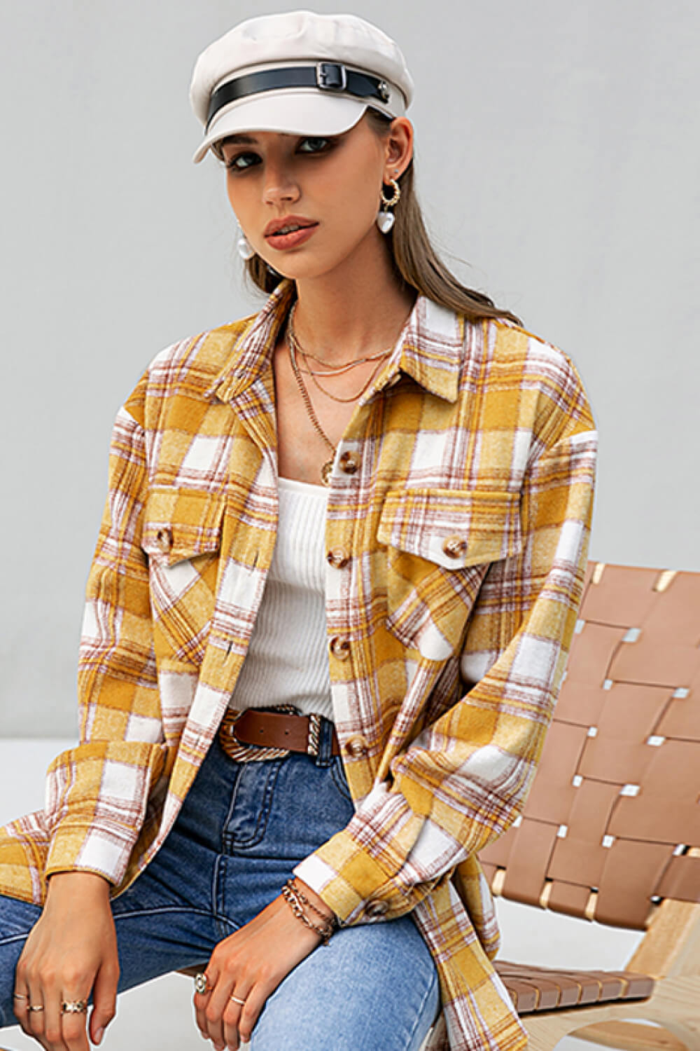 Plaid Button Down Side Slit Shirt Jacket