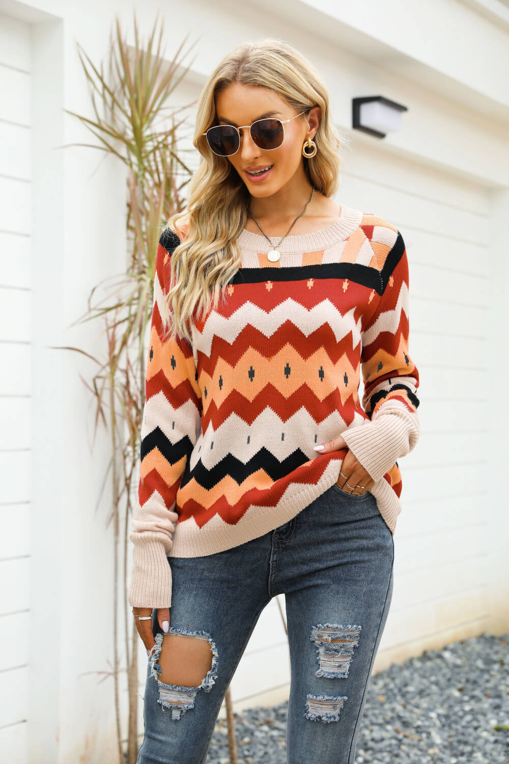 Printed Raglan Sleeve Ribbed Trim Sweater