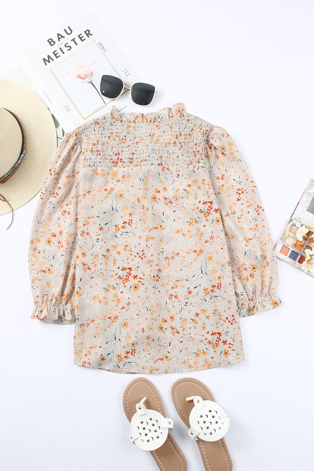 Floral Smocked Tie-Neck Buttoned Blouse