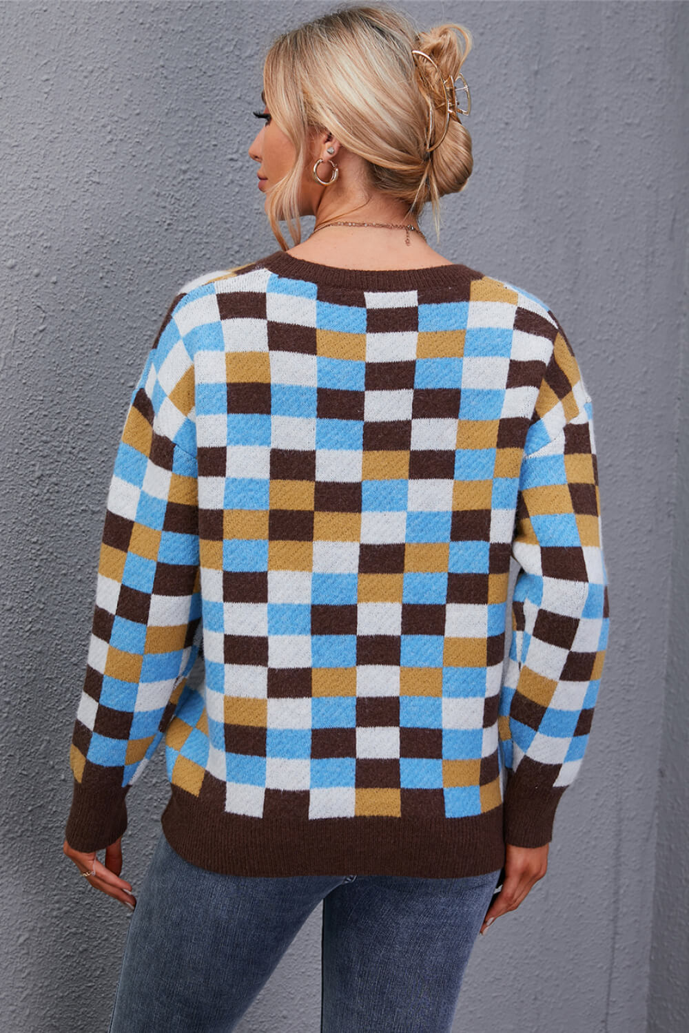 Checkered Round Neck Knit Pullover