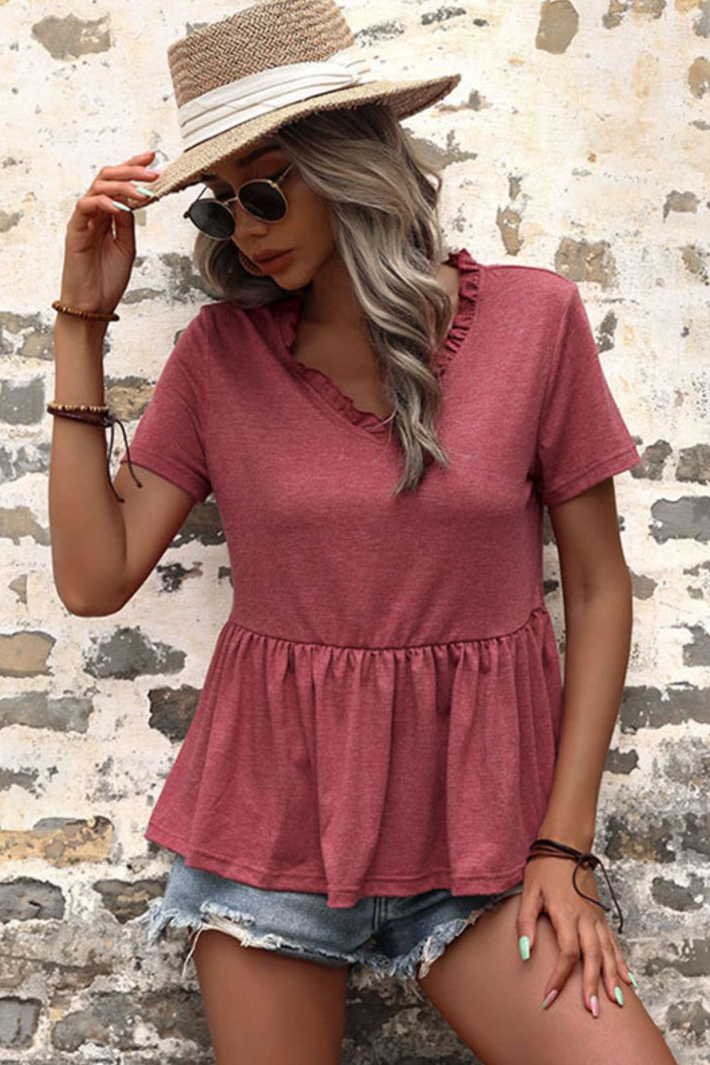 Frill Trim V-Neck Peplum Top