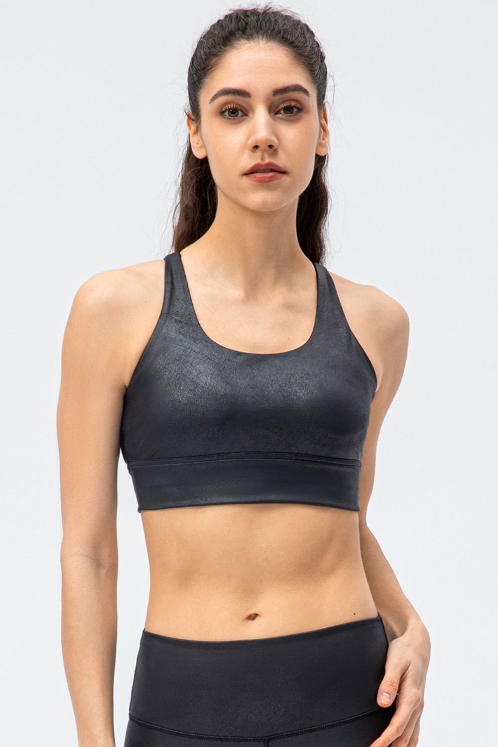 Faux Leather Double Crisscross Strap Sports Bra