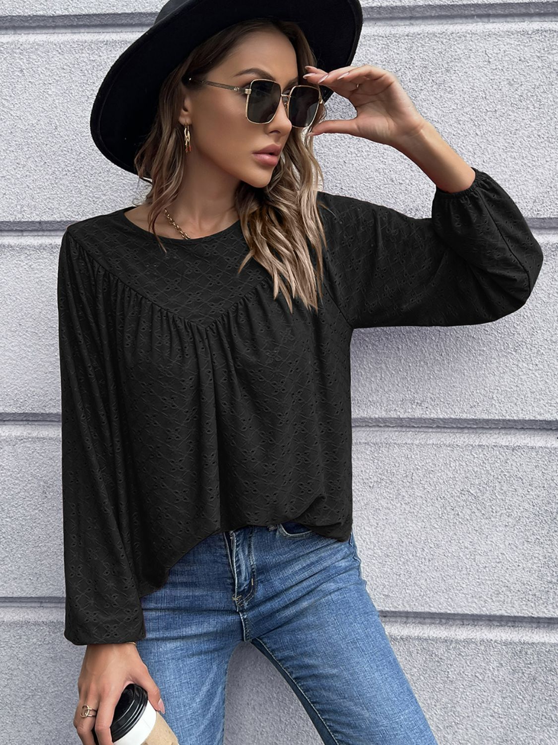 Openwork Gathered Detail Balloon Sleeve Blouse