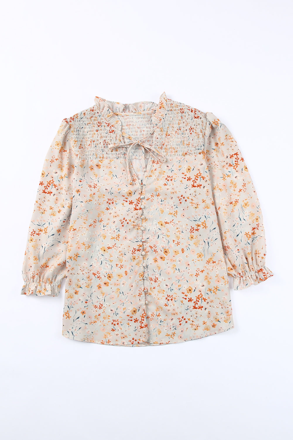 Floral Smocked Tie-Neck Buttoned Blouse