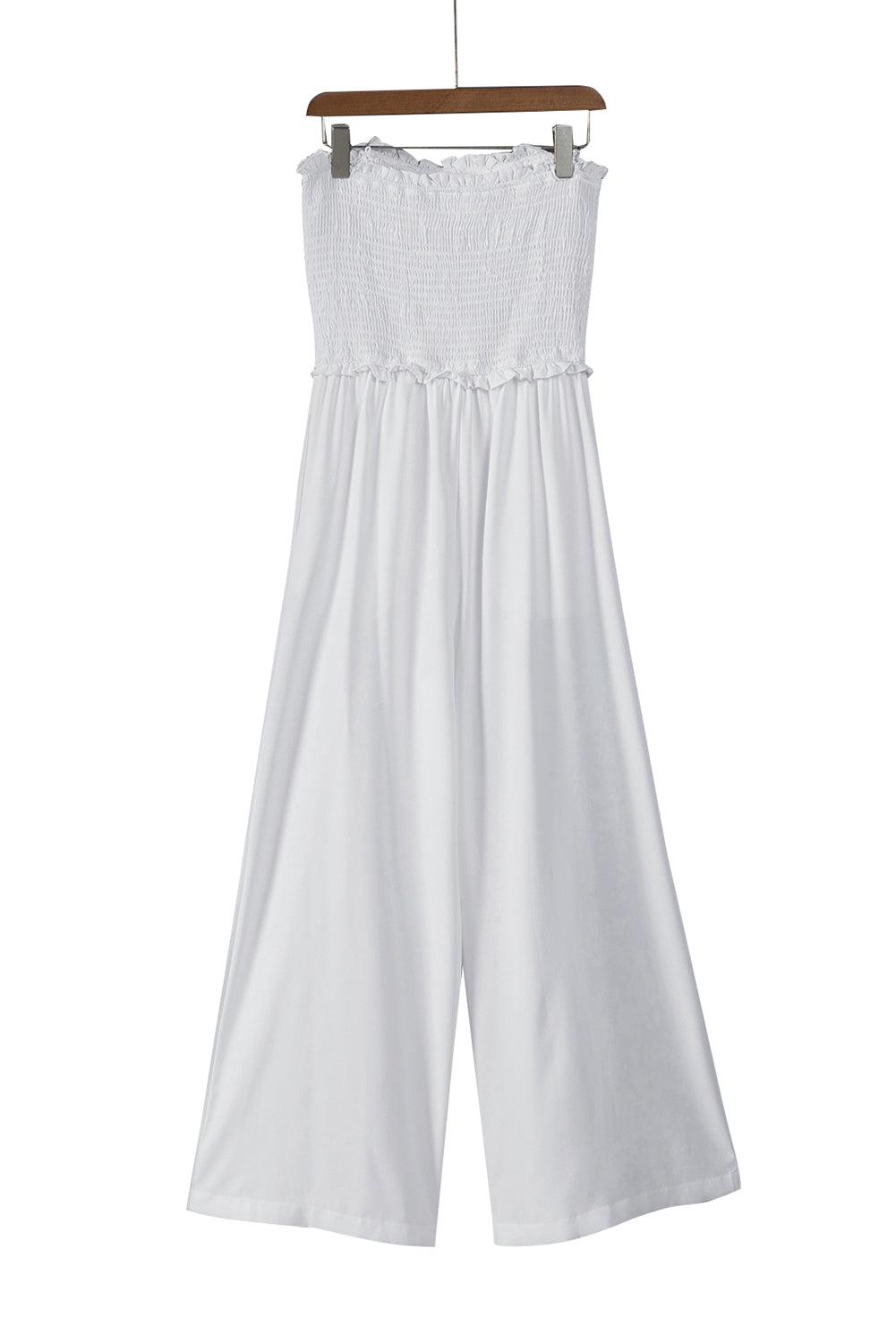 Smocked Frill Trim Strapless Wide Leg Jumpsuit