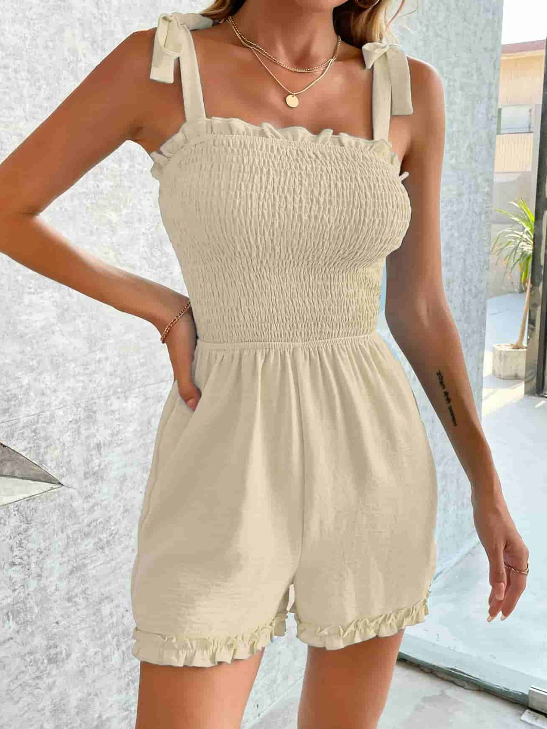 Smocked Frill Trim Tie-Shoulder Romper