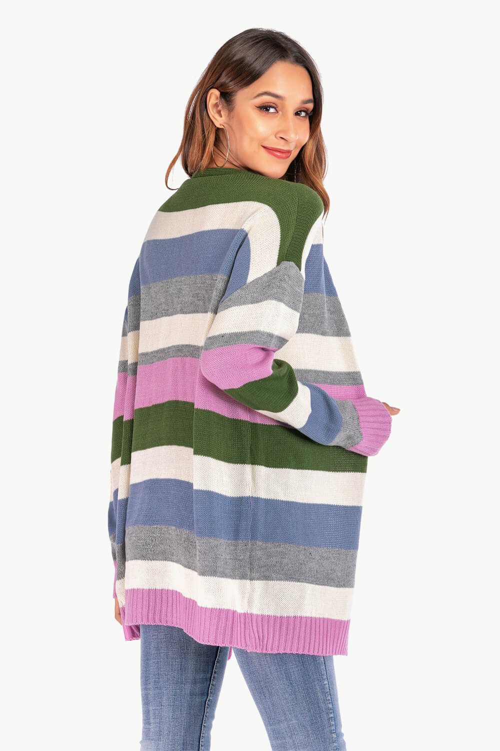 Multicolored Stripe Open Front Dropped Shoulder Cardigan