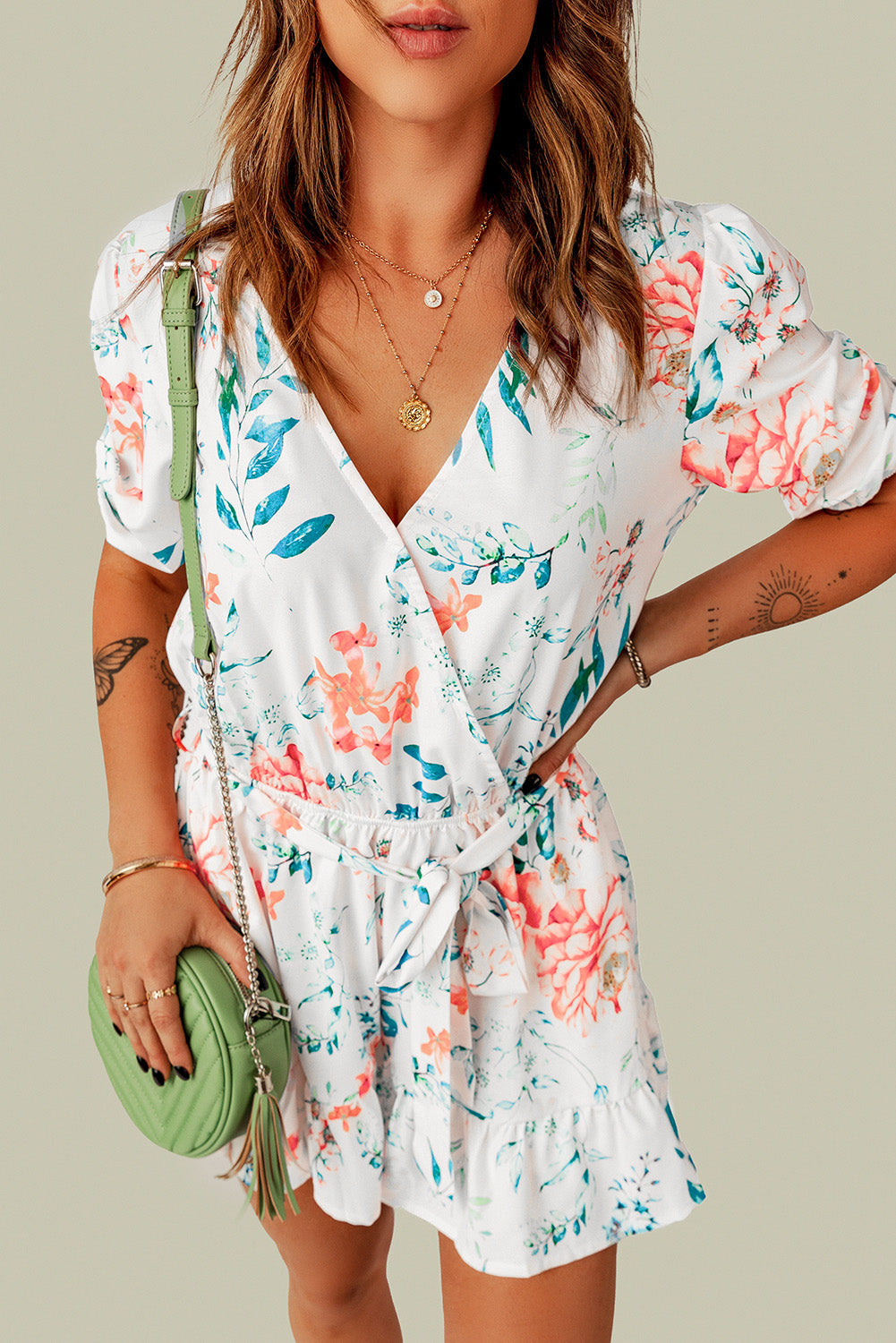 Floral Belted Puff Sleeve Romper