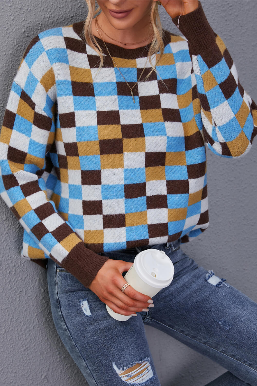 Checkered Round Neck Knit Pullover