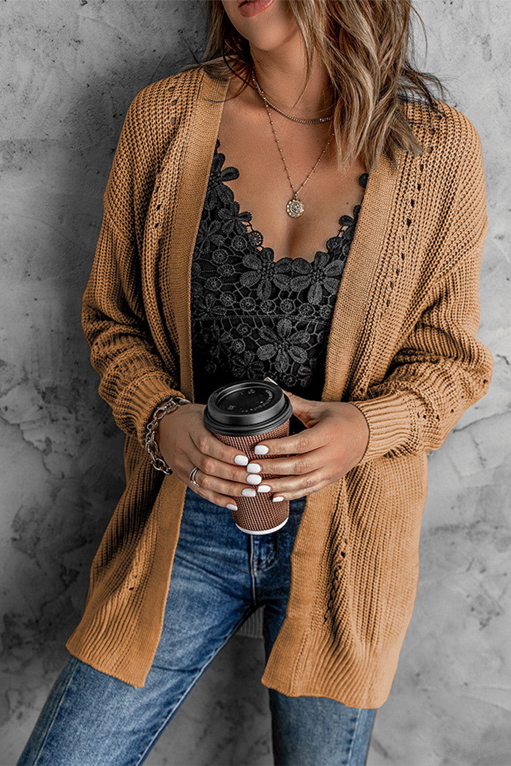 Openwork Rib-Knit Slit Cardigan