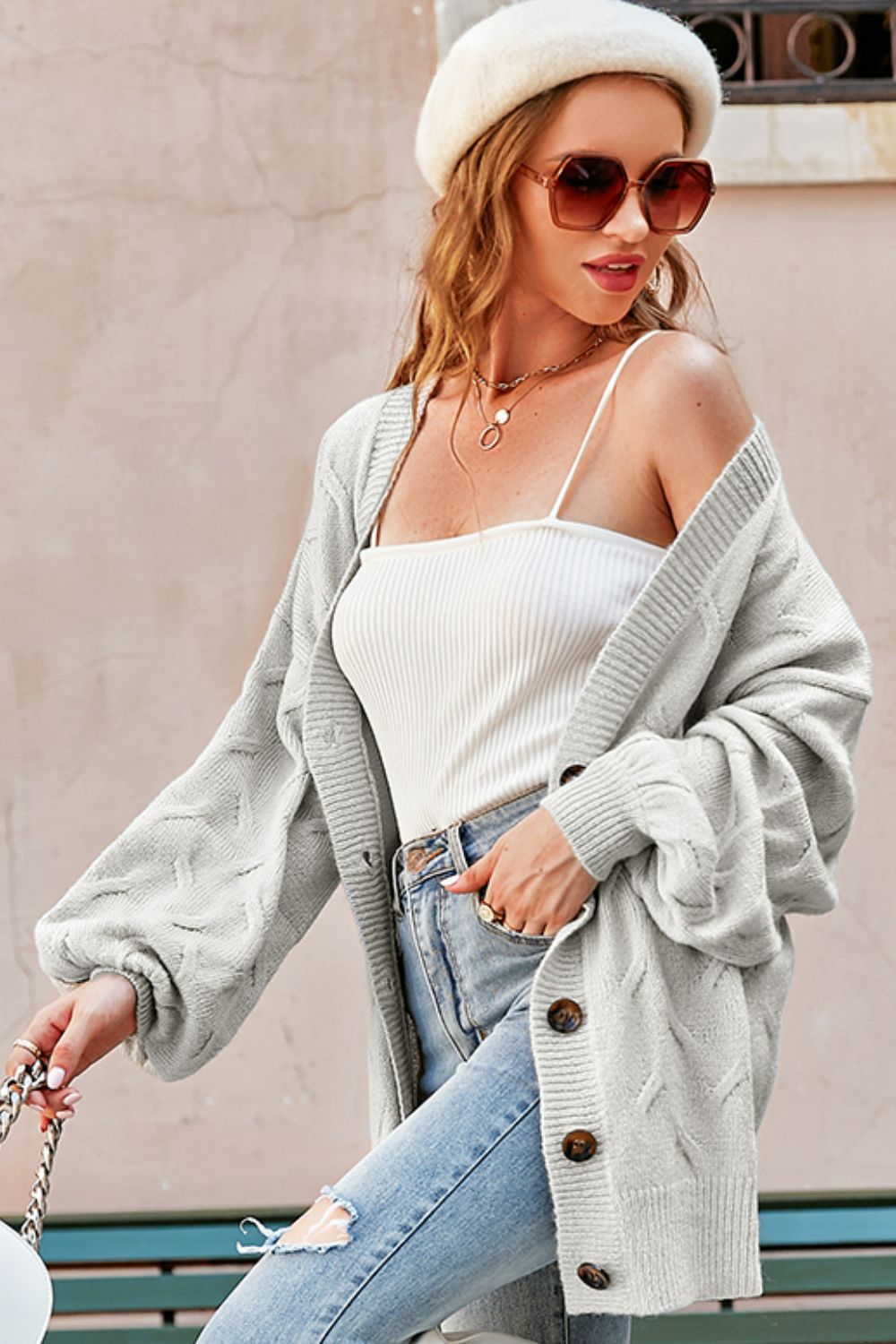 Ribbed Trim Button Down Lantern Sleeve Cardigan