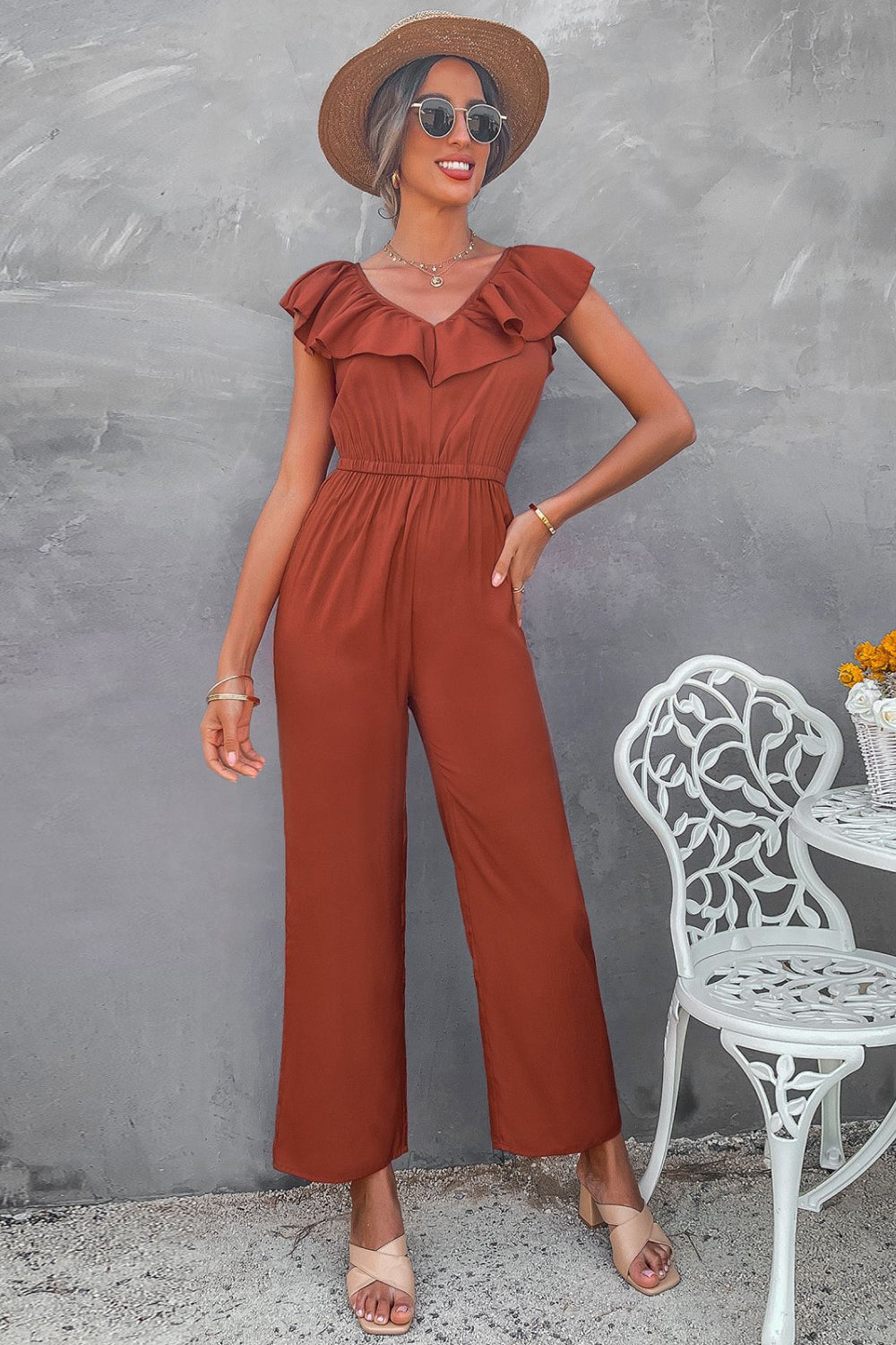 Ruffle Trim Tie-Back Wide Leg Jumpsuit