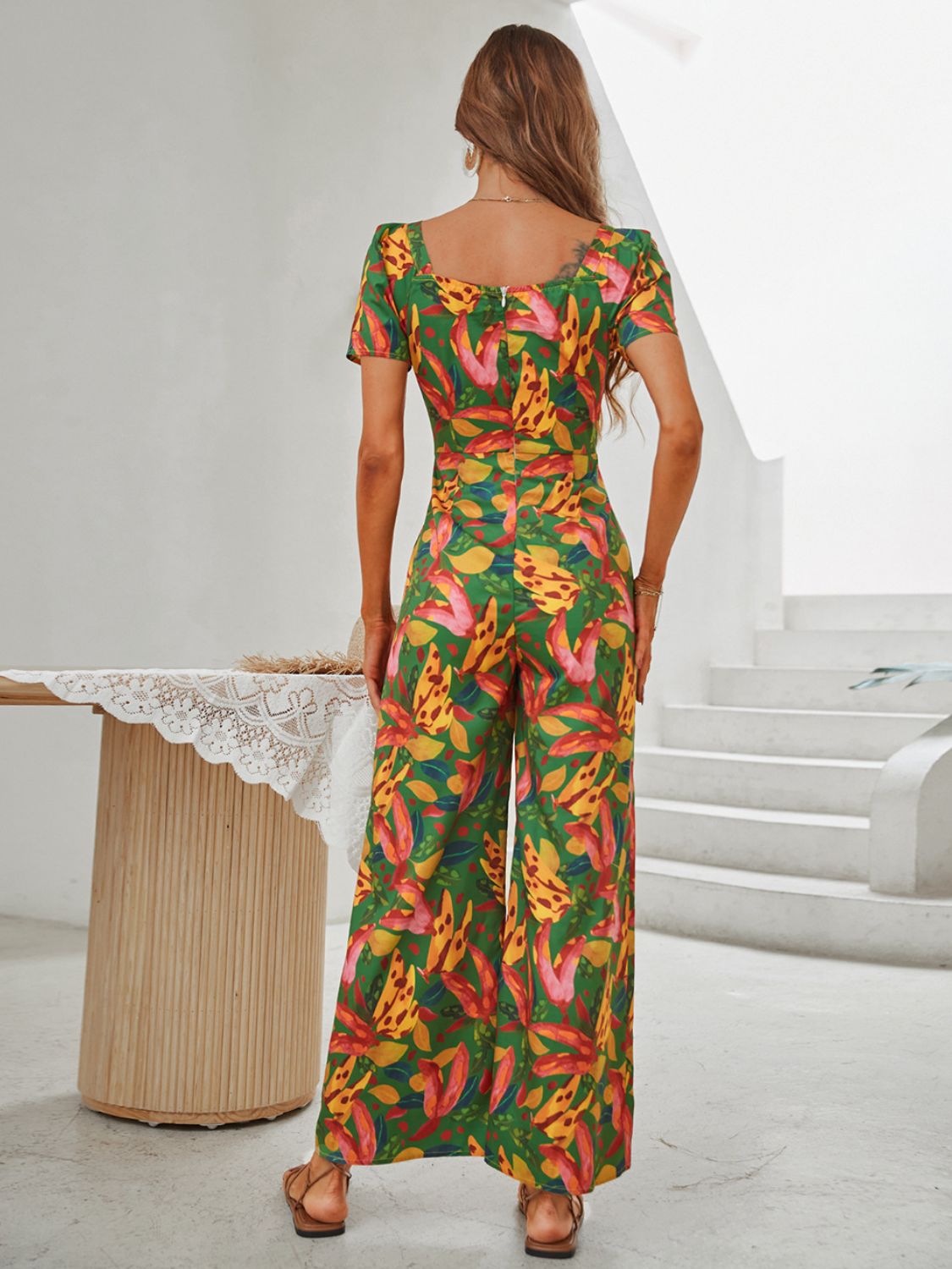 Printed V-Neck Buttoned Wide Leg Jumpsuit