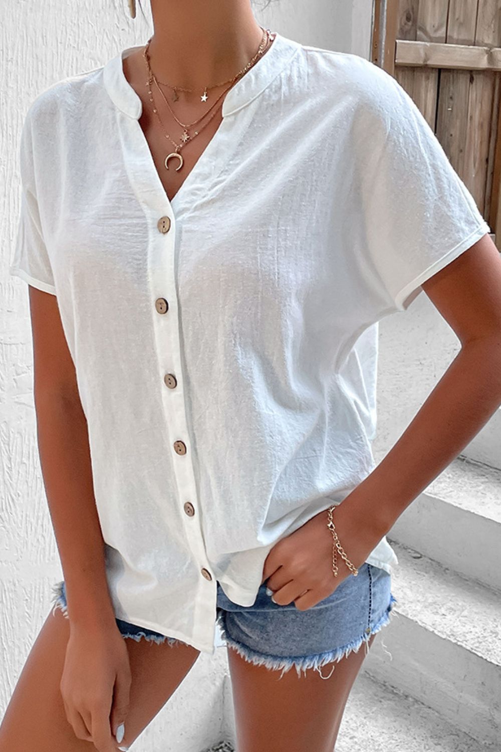 Button Down Notched Short Sleeve Shirt