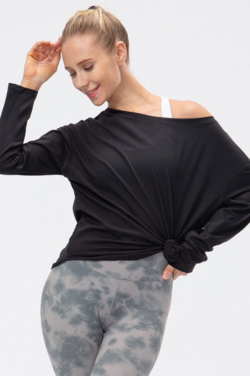 Exposed Seam Boat Neck Long Sleeve Yoga Tee