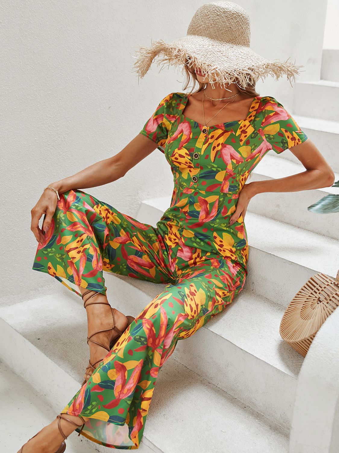 Printed V-Neck Buttoned Wide Leg Jumpsuit