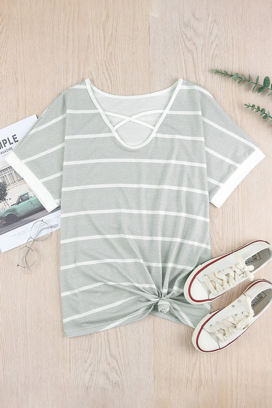 Striped Crisscross V-Neck Tee Shirt