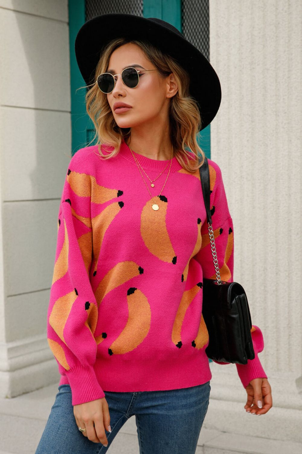 Fruit Pattern Dropped Shoulder Knit Pullover