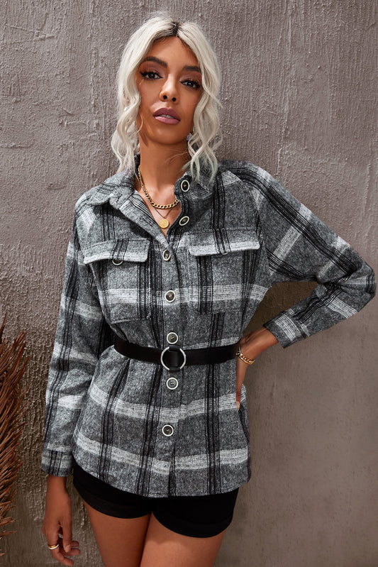 Plaid Print Buttoned Turn Down Collar Coat