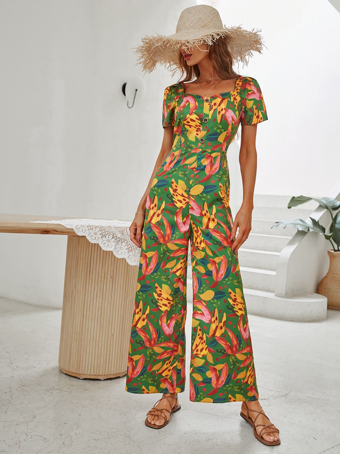 Printed V-Neck Buttoned Wide Leg Jumpsuit