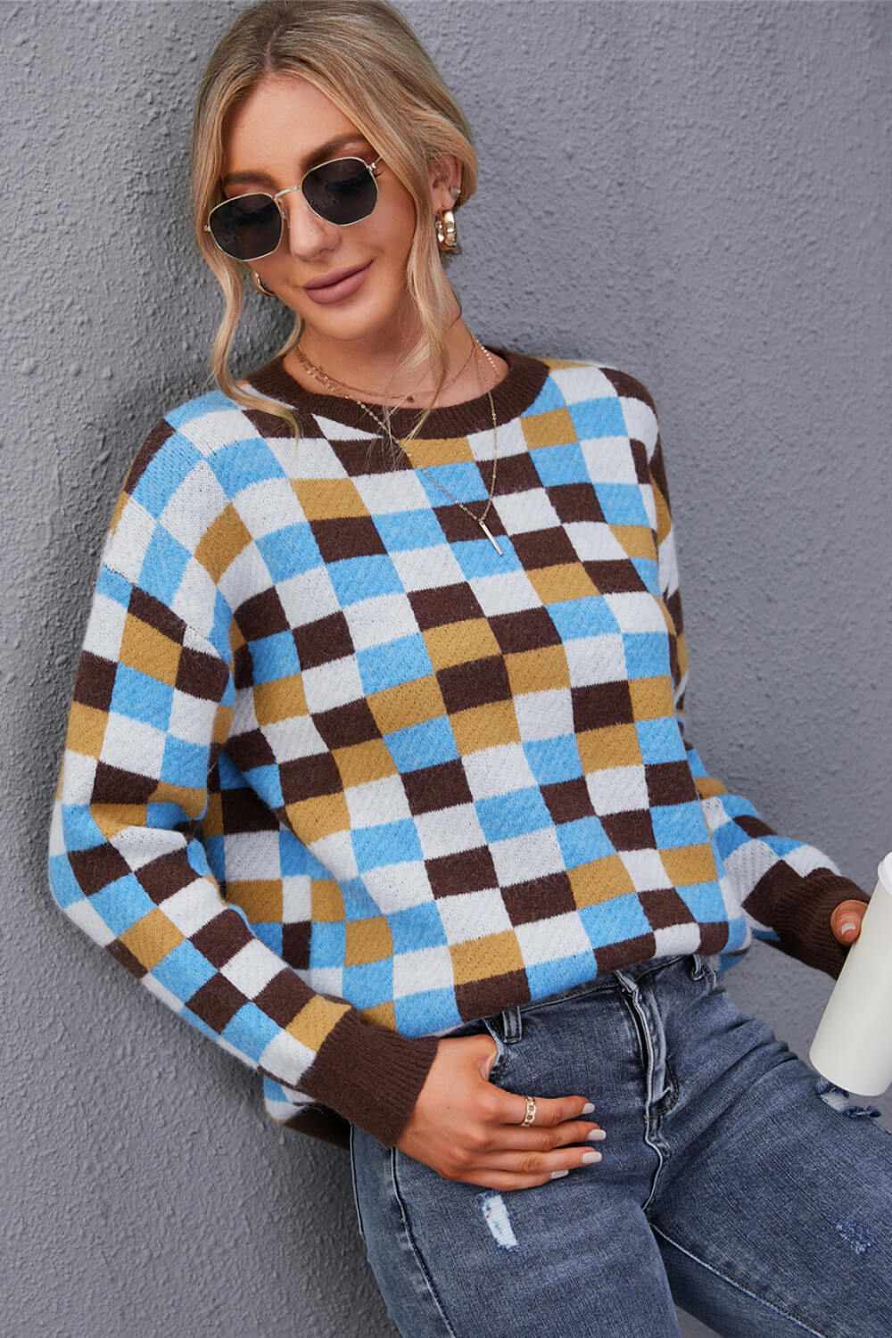 Checkered Round Neck Knit Pullover