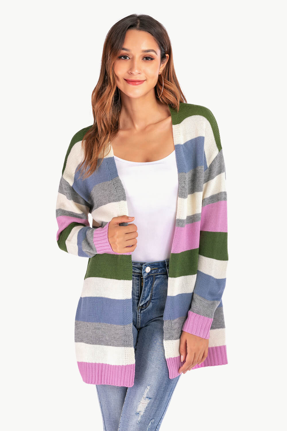 Multicolored Stripe Open Front Dropped Shoulder Cardigan