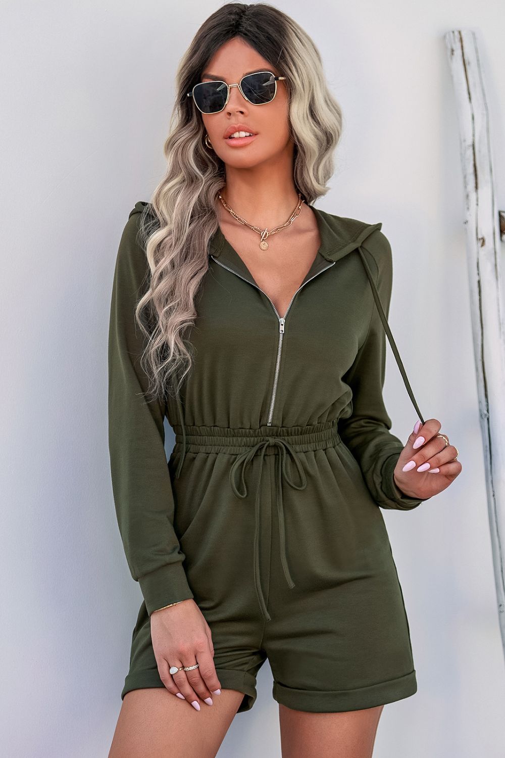 Zip Up Drawstring Detail Hooded Romper