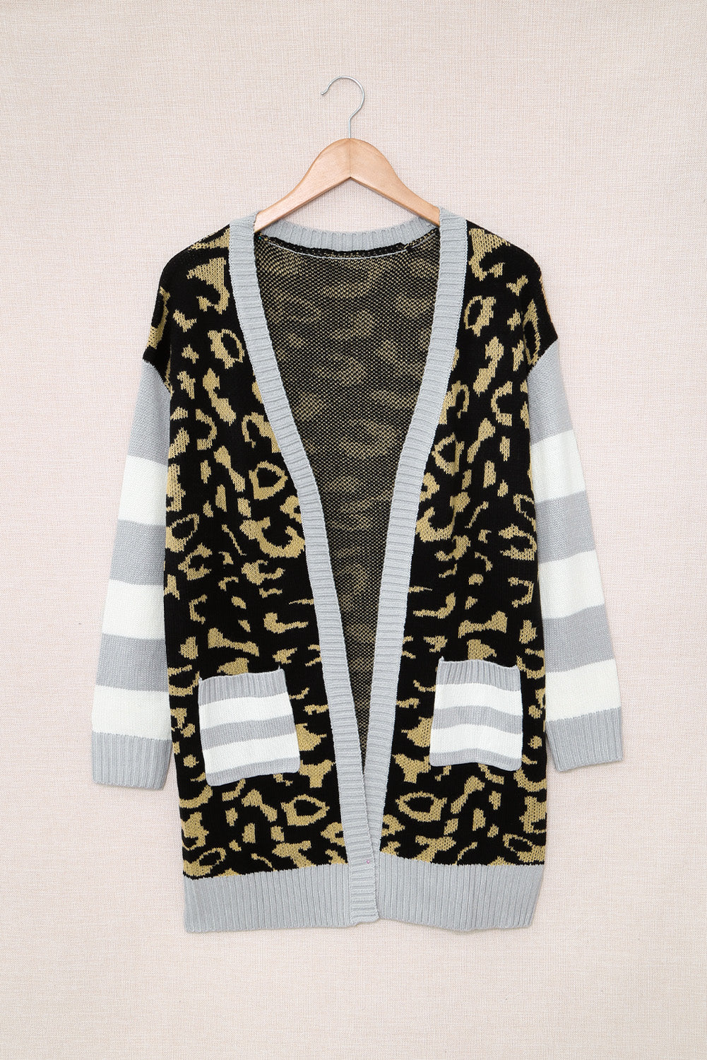 Leopard Print Striped Sleeve Open Front Longline Cardigan