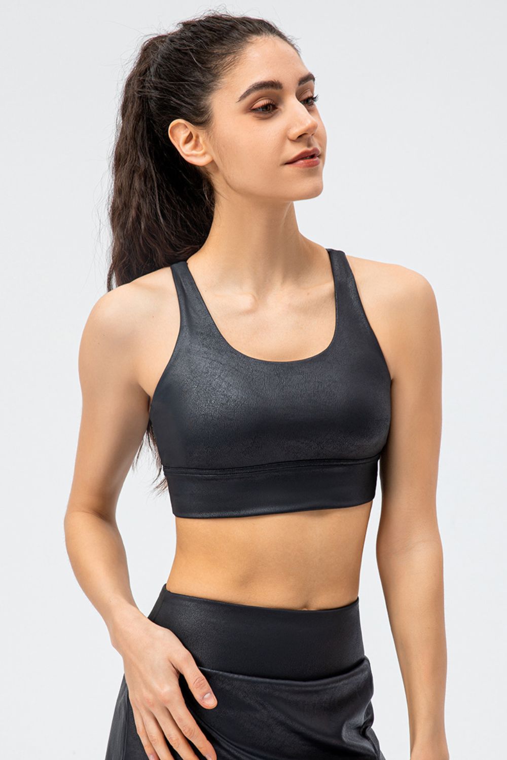 Faux Leather Double Crisscross Strap Sports Bra