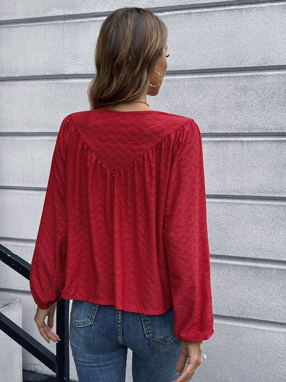 Openwork Gathered Detail Balloon Sleeve Blouse