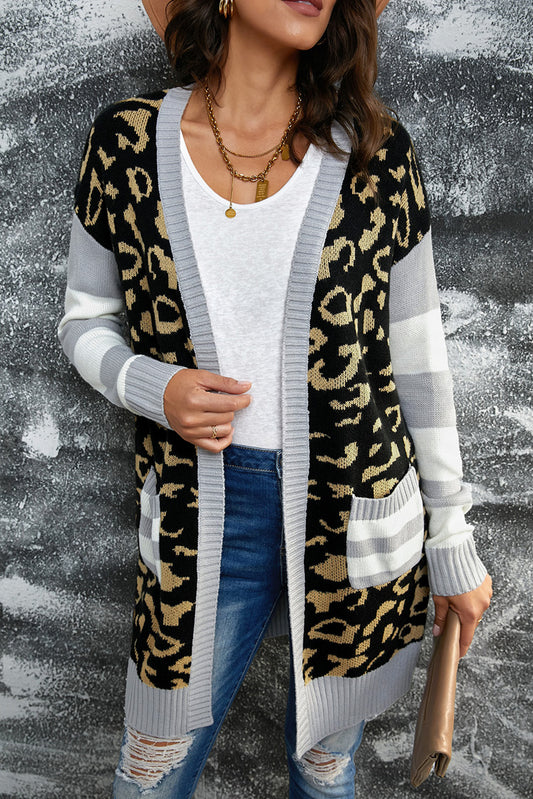 Leopard Print Striped Sleeve Open Front Longline Cardigan